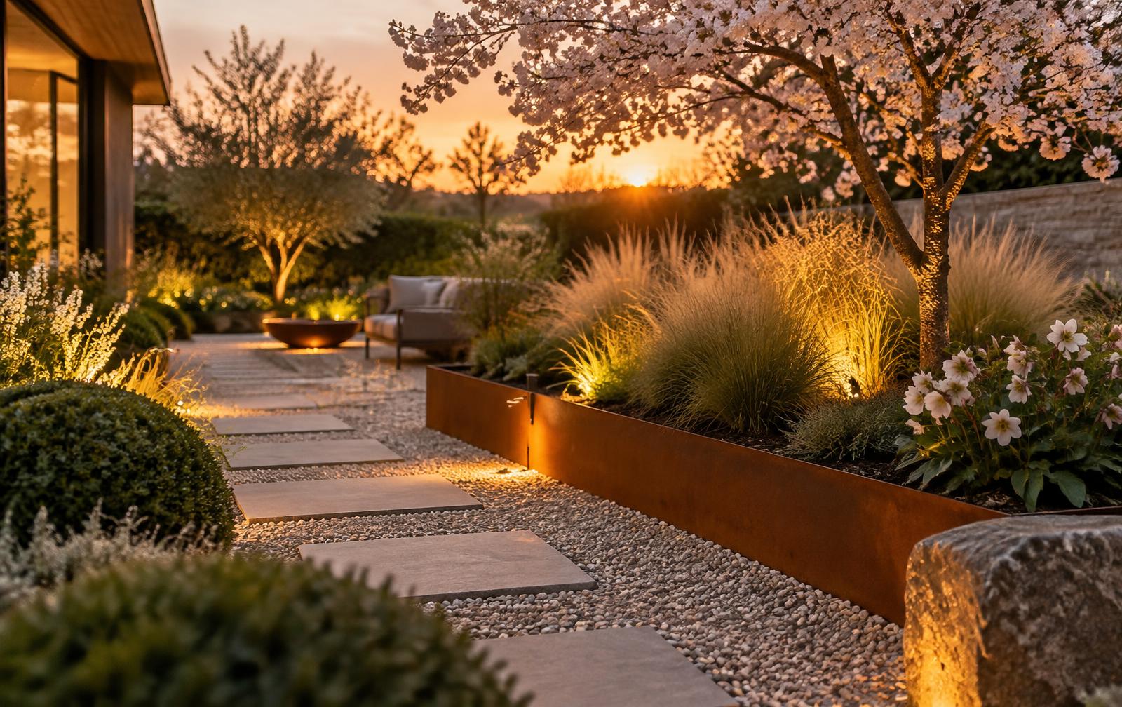 Jardín contemporáneo con canteros de hierro corten al atardecer